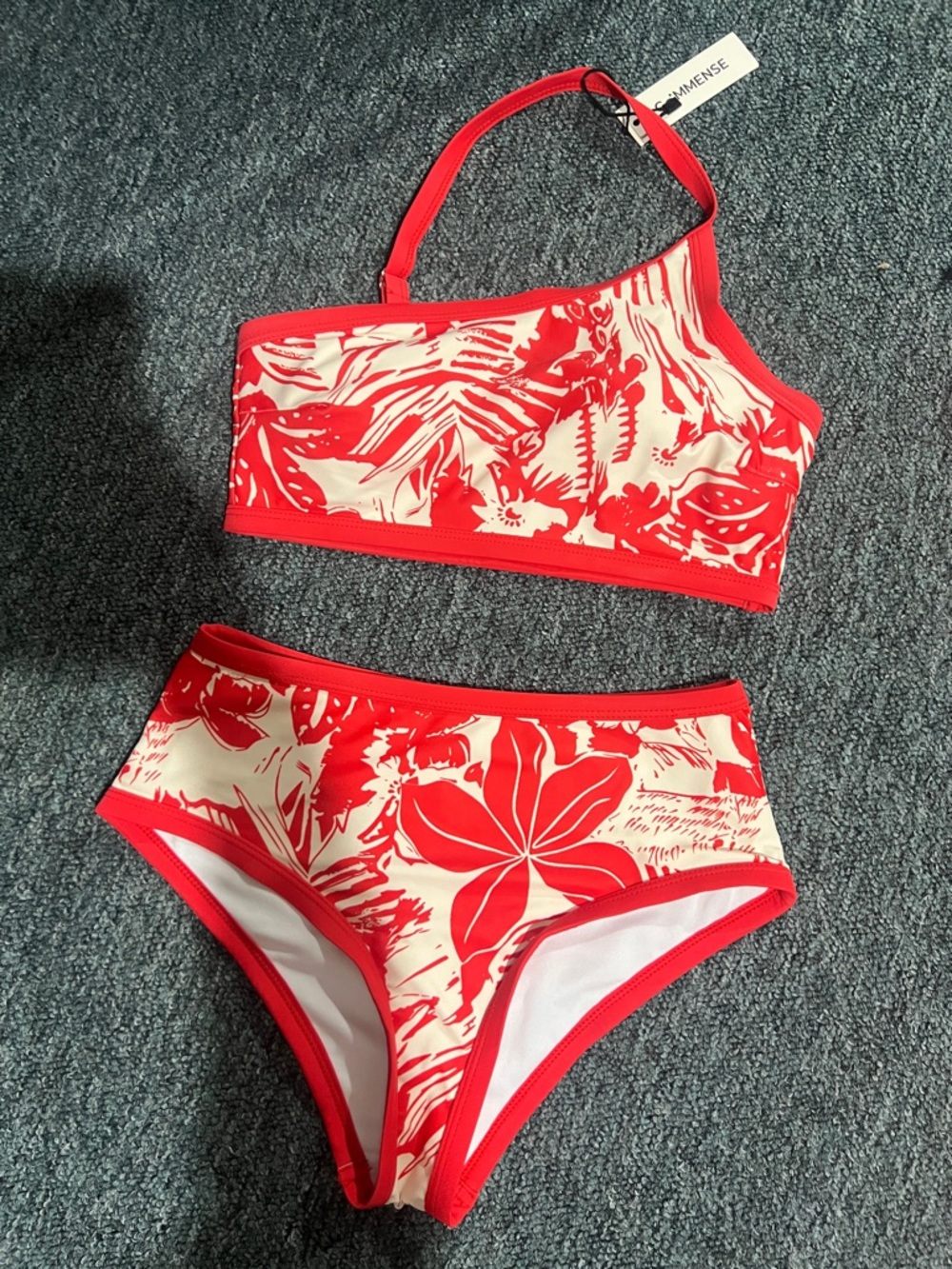 NWT COMMENSE 3 piece beach vacation Red Floral Bikini Set Maxi Skirt high waist - Picture 2 of 15